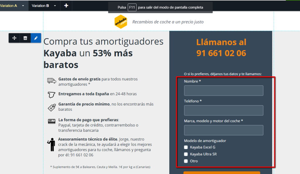 Versión A de landing de kayaba